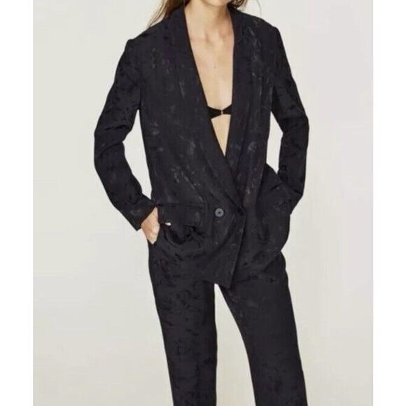 Zara Floral Jacquard Blazer Jacket Size Small Dark Blue Double Breasted Brocade - Picture 1 of 16